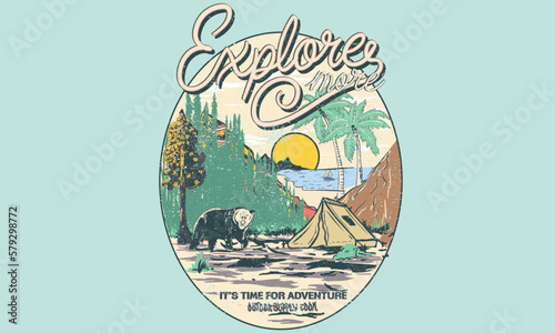 Great outdoors mountain camping vector artwork design for any kind of thinks. outside tour print for apparel. Exploring outside artwork graphic.