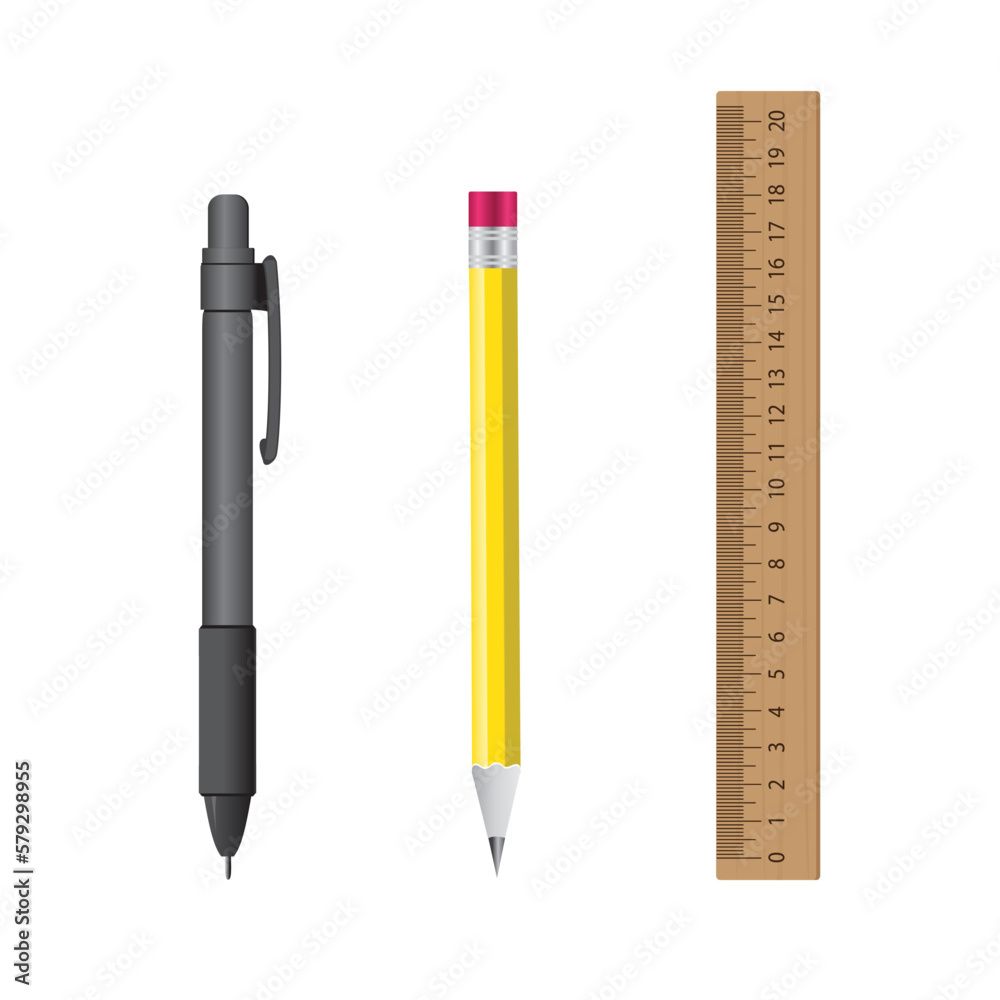 Pen, pencil and ruler isolated on a white background Pen, pencil and ruler isolated on a white background
