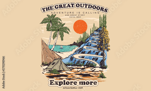 explore more. Great outdoors mountain camping vector artwork design for any kind of thinks. outside tour print for apparel. 