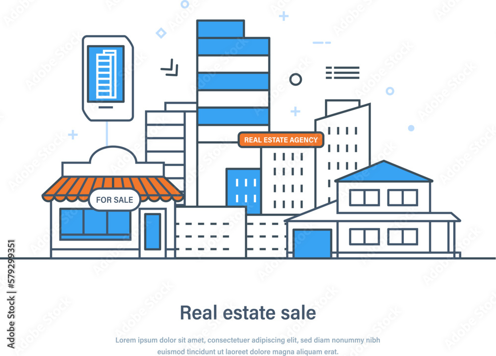 Real estate sale service, property investment, house loan. Property for sale, rent and mortgage. Residential property market, money investment to real estate thin line design of vector doodles