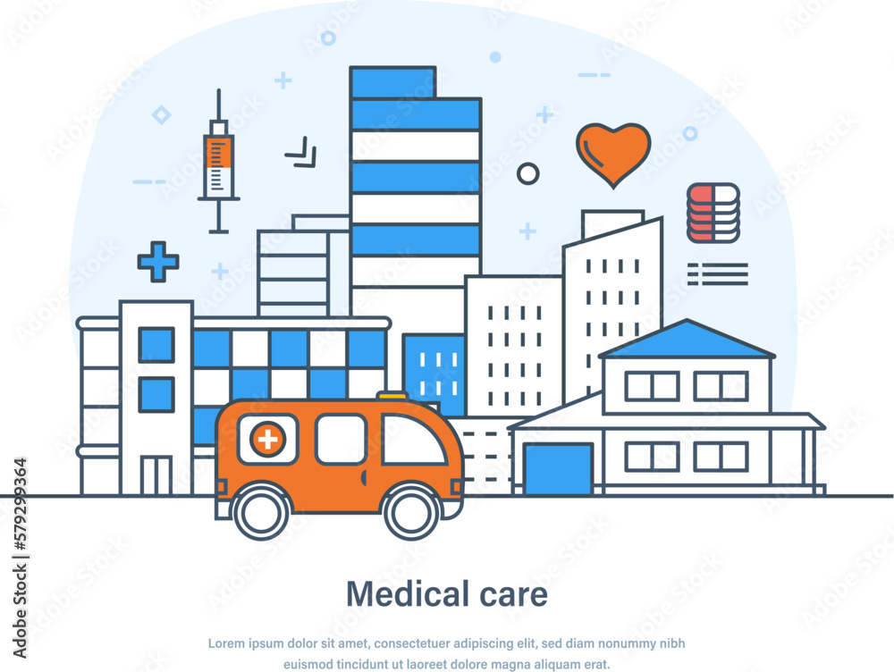 Medical care, healthcare, emergency, doctor help and treatment. Health insurance, medical consultation in clinic or hospital, pharmacy. Medicine, health, science thin line design of vector doodles