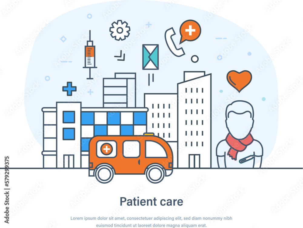 Patient care, healthcare, emergency, doctor help and medical treatment. Health insurance, medical consultation of patient, pharmacy. Medicine, health, science thin line design of vector doodles