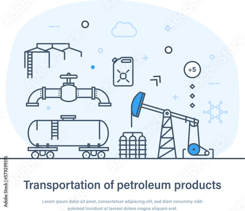 Transportation of petroleum products, oil and gas industry process. Raw oil, petrol refinery and shipping, transportation by pipeline, tanker, railroad tanks, truck thin line design of vector doodles
