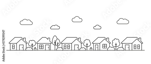 Neighborhood small house, line art. Street building, real estate architecture, apartment. Facade home in country city landscape. Vector illustration