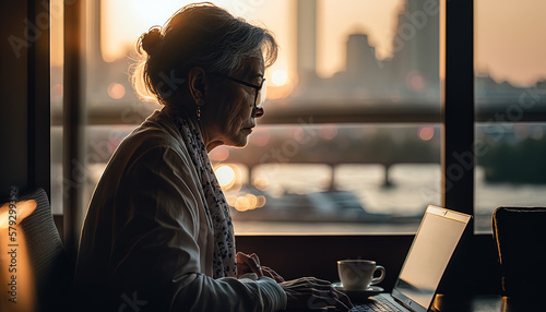 Senior female, Asian, oriental old lady with laptop in coffee shop or library with city skyline, sunset behind window, AI generative