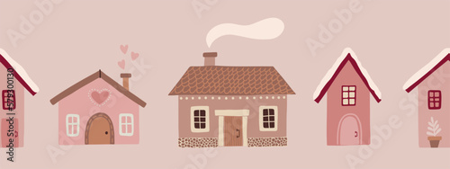 Cute houses and trees hand drawn seamless border