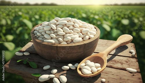 white beans in wooden scoop on table with green legume field on sunny day on the background. Generative ai photo