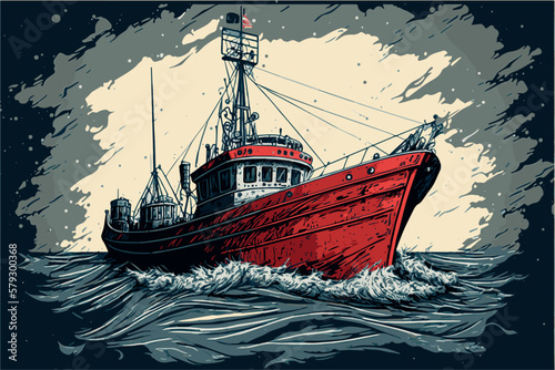 Fishing boat. Vector art illustration of boat on water. Ship floating on the sea. Marine vessel on the ocean. Fishing industry. Motor boat. Vintage sketch of people fishing fishes. Isolated graphics