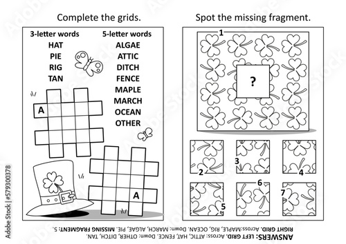 Activity page with two puzzles. Fill-in crossword puzzle. Spot the missing fragment. St. Patrick's Day holiday motives. Black and white. Answers included.

