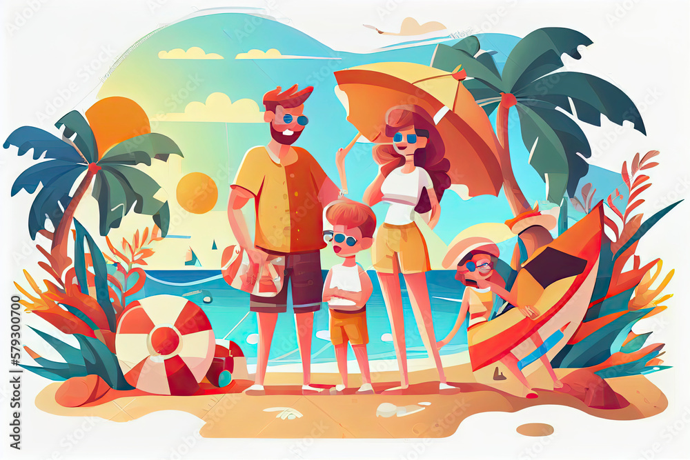 Happy family with two kids enjoy summer vacation on seaside. Summer travel and leisure on sea beach