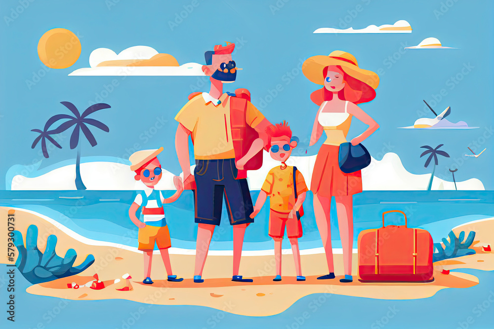 Happy family with two kids enjoy summer vacation on seaside. Summer travel and leisure on sea beach