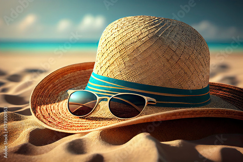 Sunglasses  straw hat and beach towel on sand