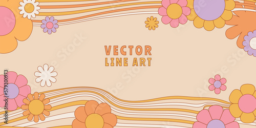 Vector horizontal banner with copy space for text - design elements and shapes for abstract backgrounds and modern art - hippie groovy vibes with flowers and waves