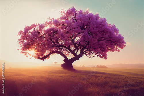 Large pink trees in fog grasslands with sunlight in the morning. AI Generative.