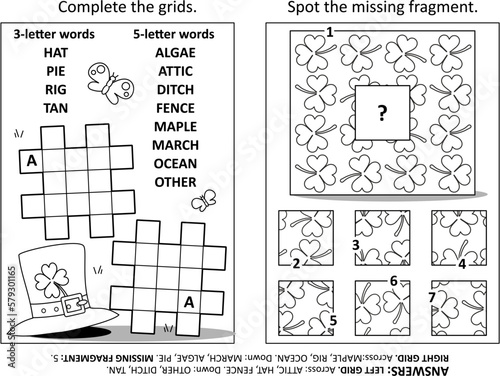 Activity page with two puzzles. Fill-in crossword puzzle. Spot the missing fragment. St. Patrick's Day holiday motives. Black and white. Answers included.
