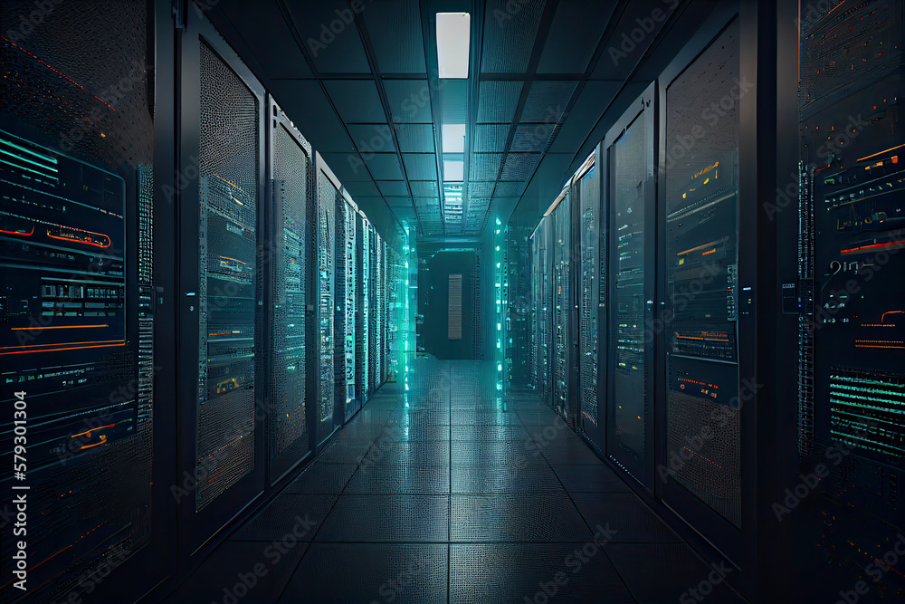  Corridor in Working Data Center Full of Rack Servers and Supercomputers with Internet connection Visualization Projection