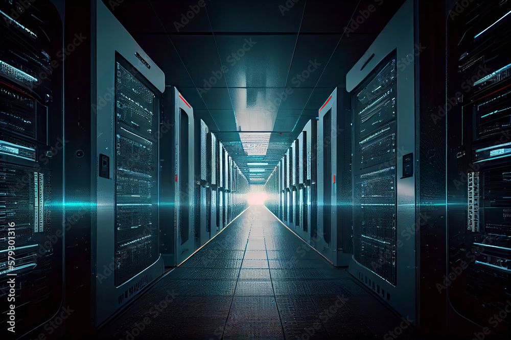 Corridor in Working Data Center Full of Rack Servers and Supercomputers with Internet connection Visualization Projection Corridor in Working Data Center Full of Rack Servers and Supercomputers with Internet connection Visualization Projection