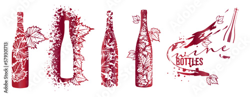 Wine bottles - hand drawn bottles. Art for menu, shop, market or sale. Wine bottles with wine stains. Sketchy collection of grape leaves and different wine elements.