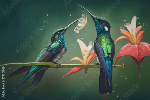 Two vivid hummingbirds, one blue and one green, a White necked Jacobin (Florisuga mellivora) and an Andean emerald (Amazilia franciae), eat from a banana bloom dripping with showers in front of a hazy photo