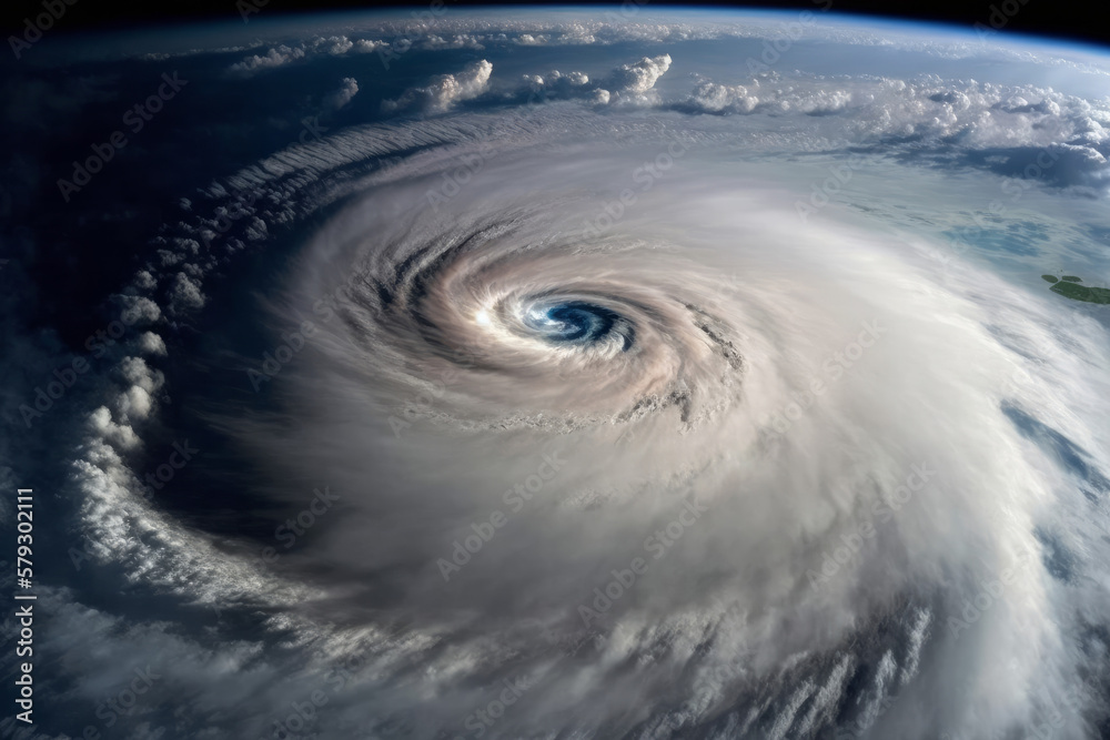 A tropical storm, tornado, hurricane, cyclone seen from a high aerial space satellite. Generative ai