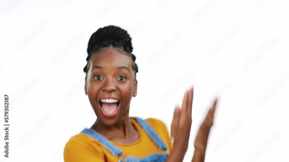 Dance, happy and celebration with face of black woman for achievement, smile and energy. Freedom, music and excited with girl dancing for confident, promotion and winner in white background studio Dance, happy and celebration with face of black woman for achievement, smile and energy. Freedom, music and excited with girl dancing for confident, promotion and winner in white background studio