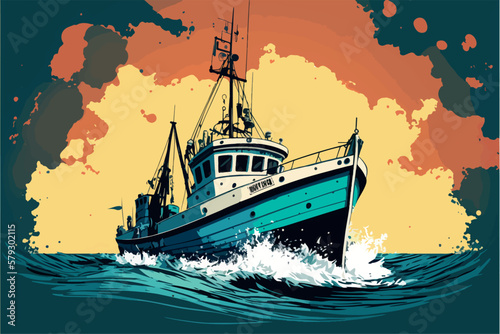 Fishing boat. Vector art illustration of boat on water. Ship floating on the sea. Marine vessel on the ocean. Fishing industry.  Motor boat. Vintage sketch of people fishing fishes. Isolated graphics