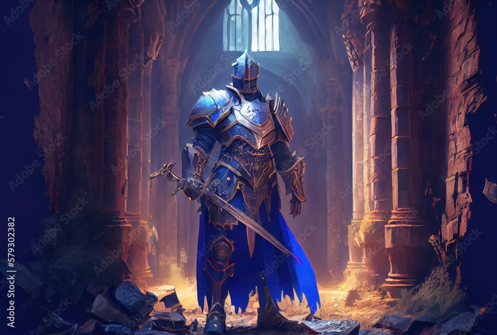 A knight in armor standing guard of the palace background. Medieval and Crusades war concept. Generative AI A knight in armor standing guard of the palace background. Medieval and Crusades war concept. Generative AI
