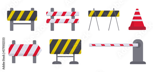 Set of barrier, cone, fence under construction in a flat design