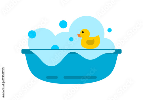 Cute yellow duck toy floating on bathtub with bubble foam soap in bathroom flat vrctor design photo