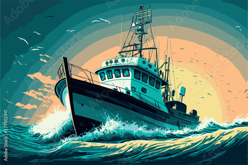 Fishing boat. Vector art illustration of boat on water. Ship floating on the sea. Marine vessel on the ocean. Fishing industry.  Motor boat. Vintage sketch of people fishing fishes. Isolated graphics