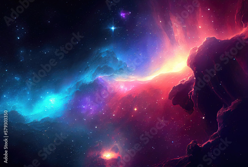 Abstract of colorful outer space planets nebula and galaxy sky background. Science and space concept. Generative AI