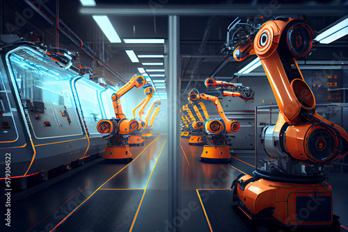 Automation automobile factory concept with 3d rendering robot assembly line in car factory