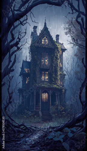 A Futuristic Gothic Victorian Mansion Lost in the Haunted Forest: Discovering | AI Generated