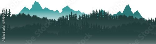 Silhouette of mountains forest woods in the morning, landscape panorama illustration icon vector for logo, isolated on white background..