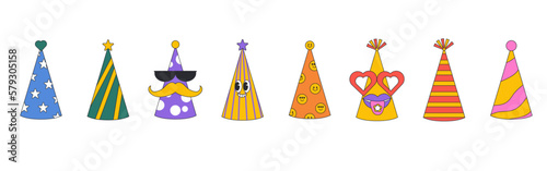 Collection of party paper caps. Birthday party hats set. Retro birthday and carnival paper hats