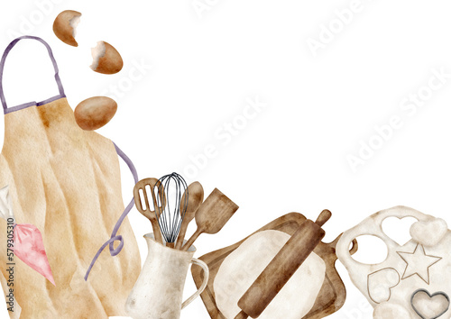 Watercolor baking background. Isolated cooking utensils. Hand drawn apron, rolling pin, whisk, spatula, dough, eggs, cookie cutters. Kitchen tools illustration. Bakery banner, frame template
