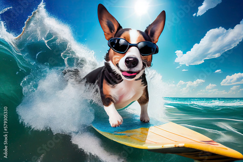 dog surfing on a surfboard wearing sunglasses