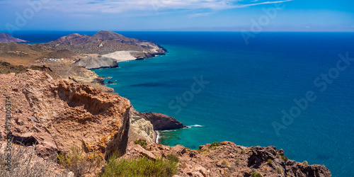 Panoramic View from Vela Blanca Volcanic Dome, Cabo de Gata-Níjar Natural Park, UNESCO Biosphere Reserve, Hot Desert Climate Region, Almería, Andalucía, Spain, Europe