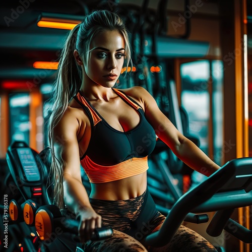 Beautiful young girl runs on a treadmill in the gym. Generative AI.