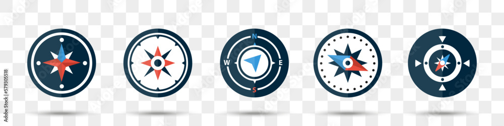Compass icons collection in a flat design. Set of navigation compass with shadow Compass icons collection in a flat design. Set of navigation compass with shadow