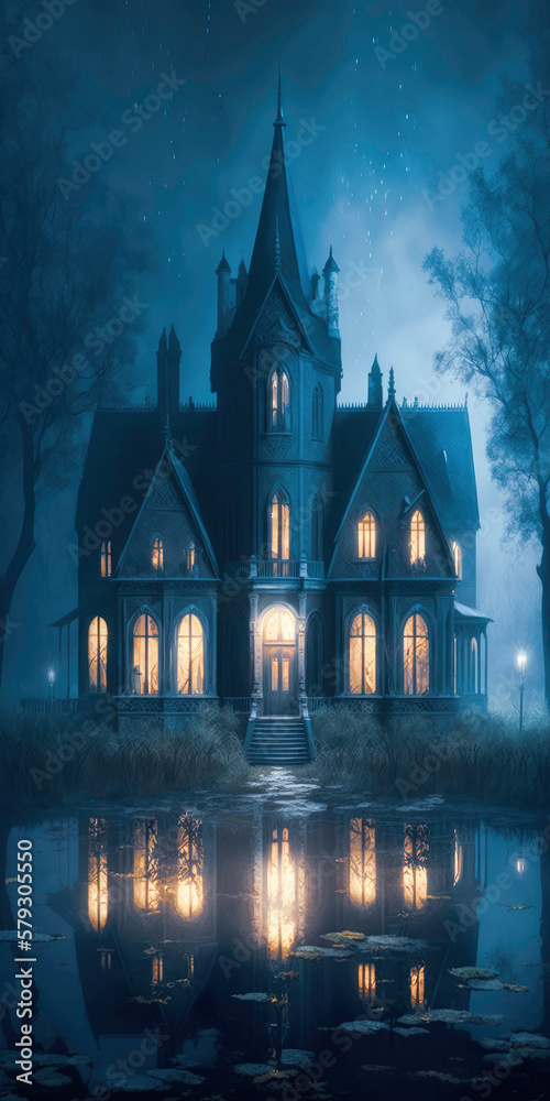 Obraz premium A Futuristic Gothic Victorian Mansion Lost in the Haunted Forest: Discovering | AI Generated