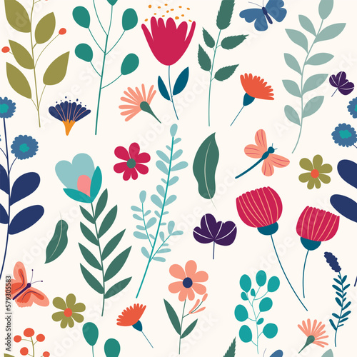 abstract pattern with flowers and plants seamless, vector