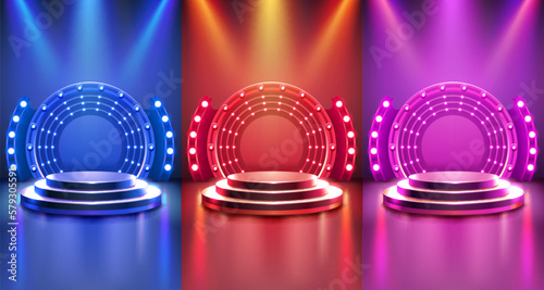 Show light, Stage Podium Scene with for Award Ceremony on red Background, color set. Vector