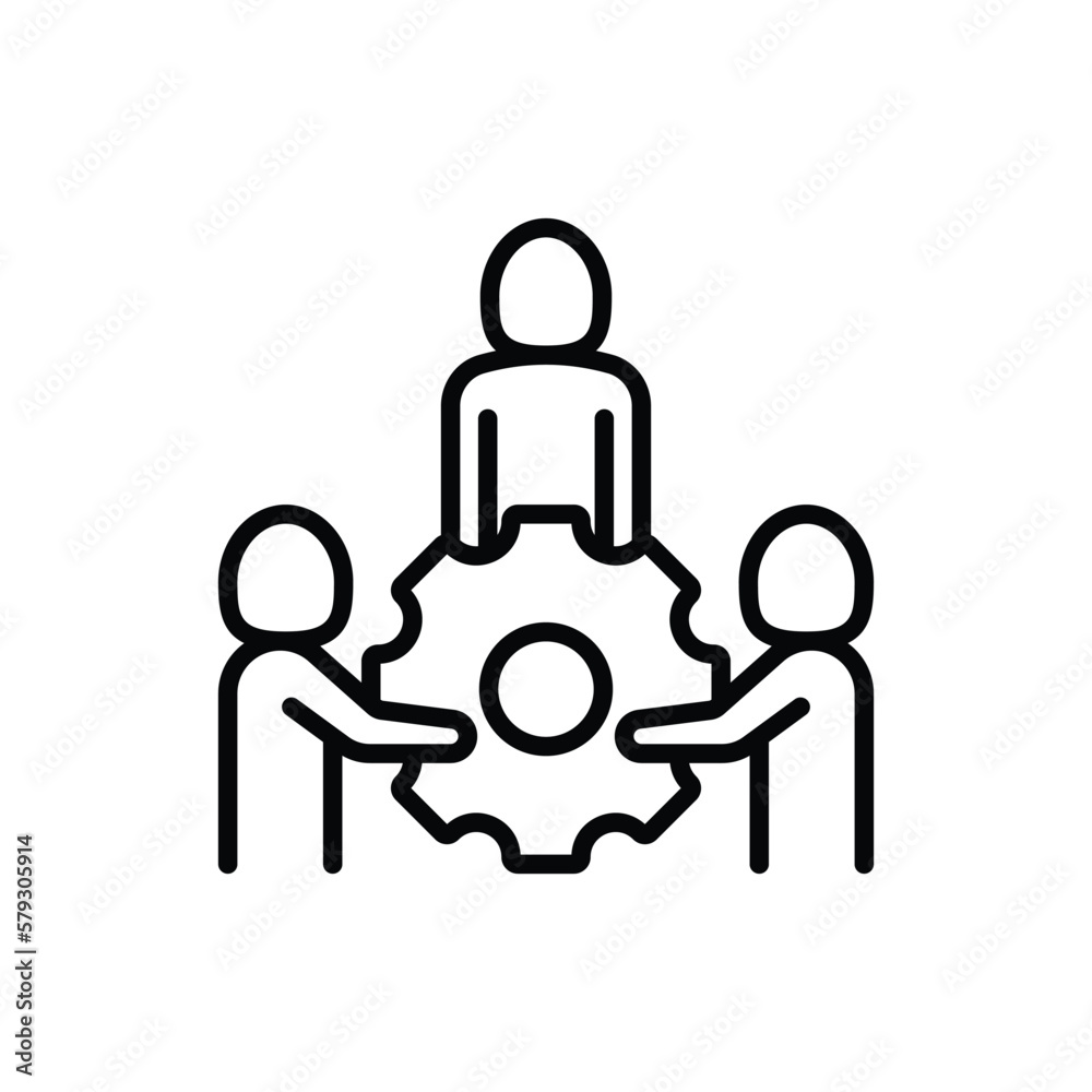 Support thin line icon. Group of people holding big cogwheel by hands. Teamwork, partnership, business cooperation. Modern vector illustration. Support thin line icon. Group of people holding big cogwheel by hands. Teamwork, partnership, business cooperation. Modern vector illustration.