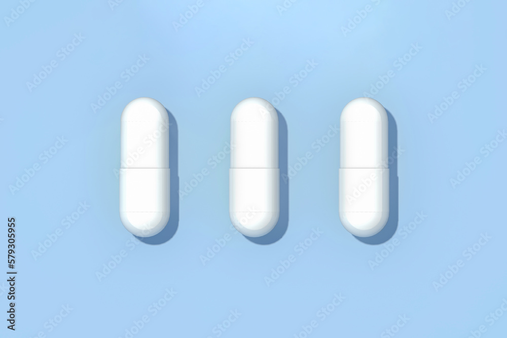 White capsule pills on blue closeup. Mock up ,realistic medicine pill. Flat lay, copy space . 3D Rendering White capsule pills on blue closeup. Mock up ,realistic medicine pill. Flat lay, copy space . 3D Rendering