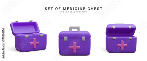 Set of 3d realistic medicine chest isolated on white background. First aid kit in cartoon style. Vector illustration
