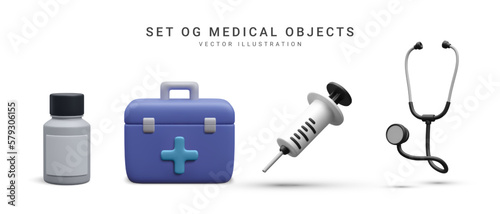 Set of 3d realistic medical objects isolated on white background. Vector illustration