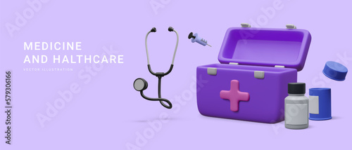 3d realistic open first aid kit with stethoscope, pill boxes and syringe isolated on light background. Online healthcare concept in cartoon style. Vector illustration