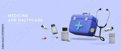 3d realistic first aid kit with stethoscope, pill boxes and syringe isolated on blue background. Vector illustration