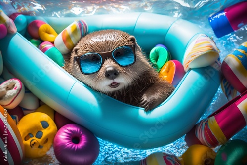 Relaxed otter chilling on a pool float with inflatable pool toys. Generative AI